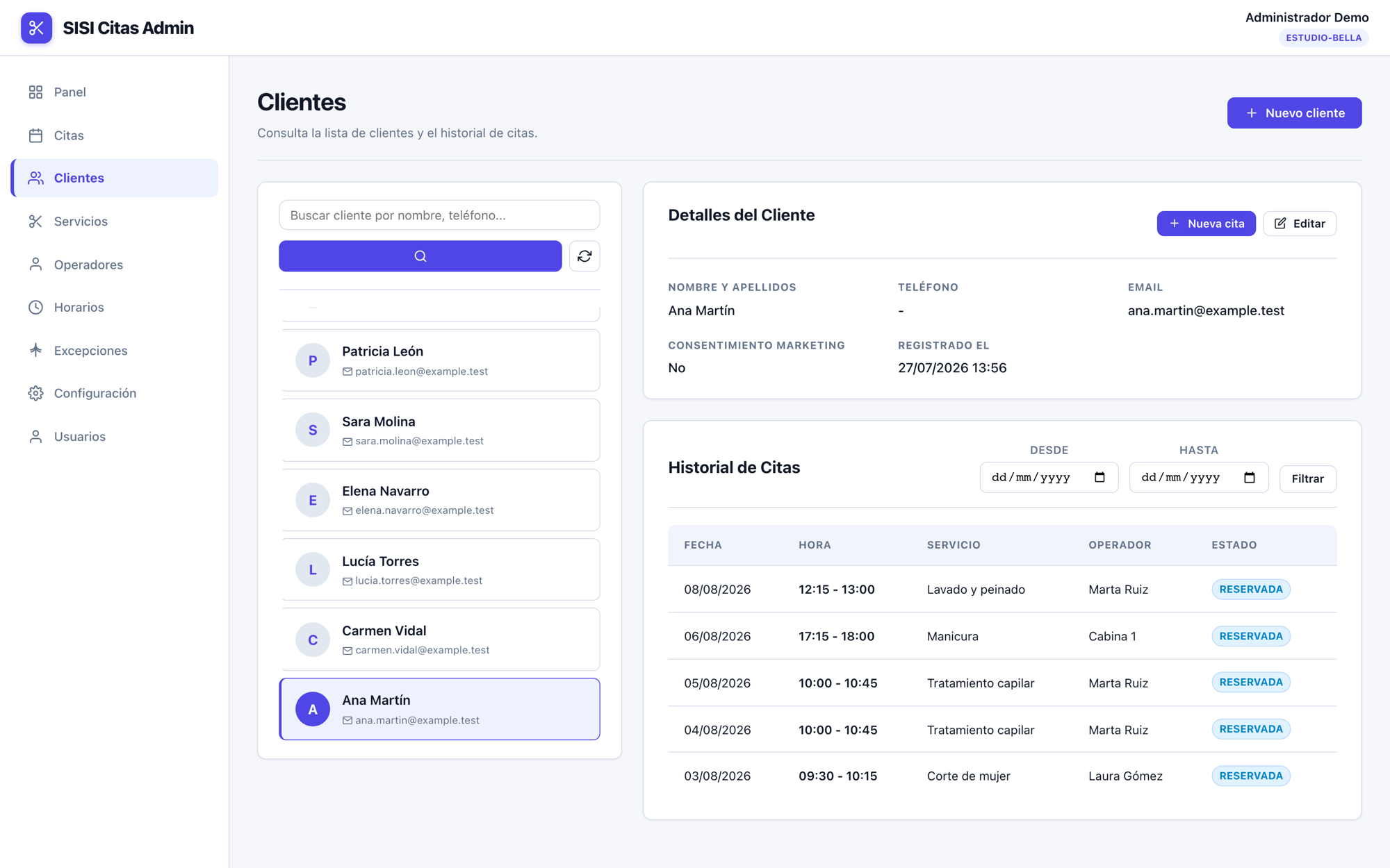 Ficha de cliente en SISI Citas con sus datos de contacto y el historial completo de citas anteriores