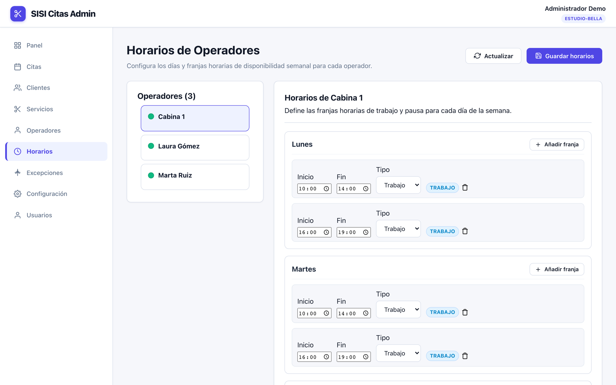 Configuración de horarios semanales en SISI Citas con franjas de trabajo y pausa para cada profesional