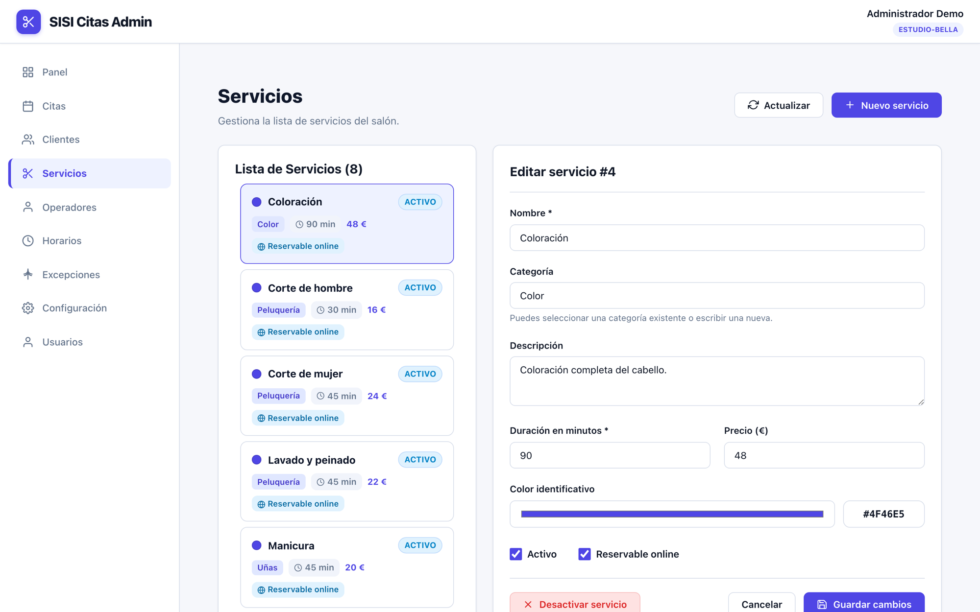 Gestión de servicios en SISI Citas con duración, precio, categoría y disponibilidad para reserva online